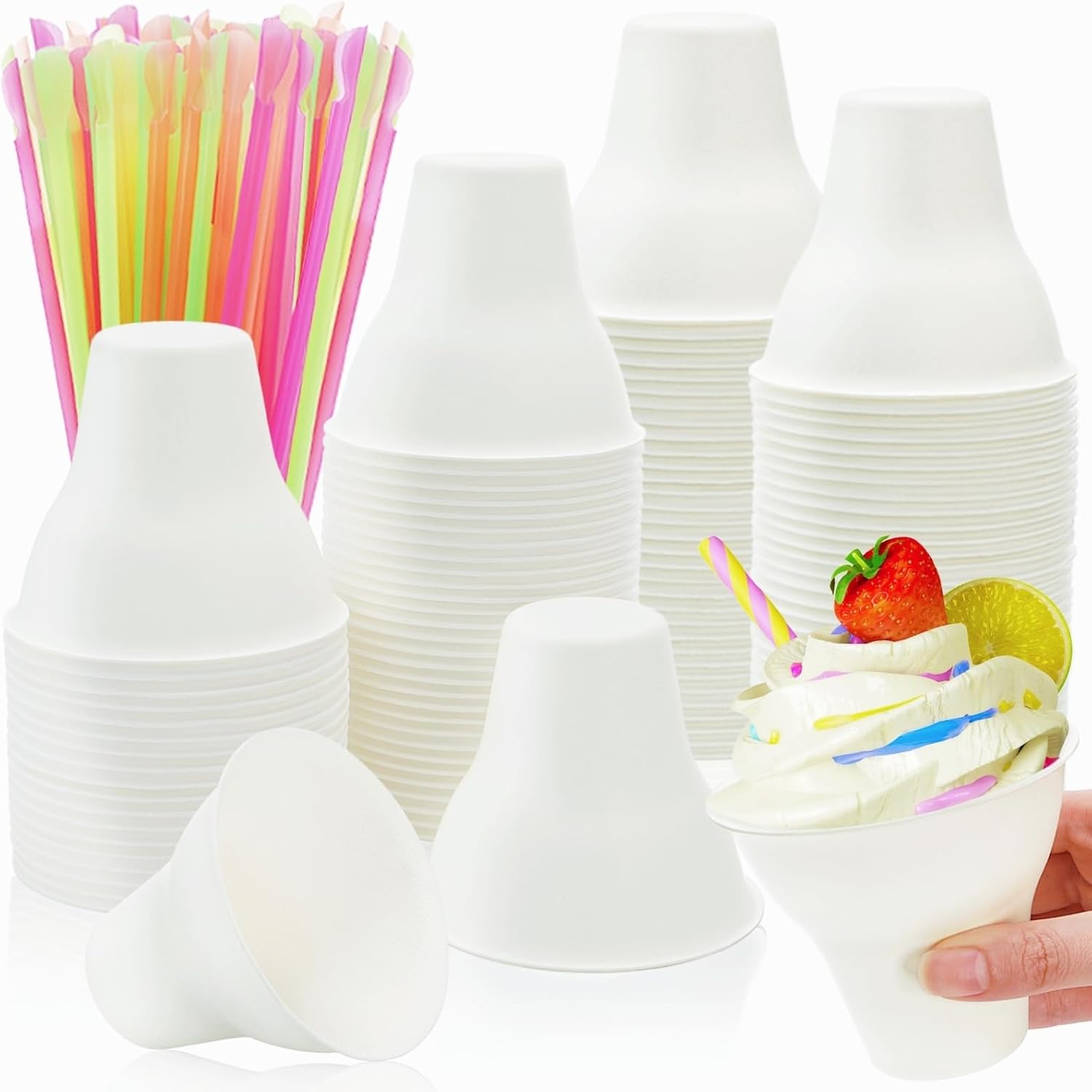 100 Pack Snow Cone Cups and Straws, 12 OZ Paper Cup with Colorful Spoon Straw, Leak-proof Shaved Ice Holder, Disposable Cream Bowls for Party Event Water
