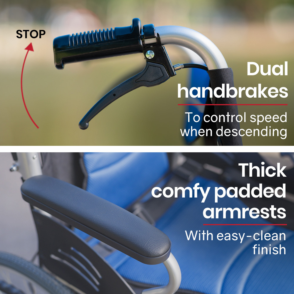 EQUIPMED Folding Aluminium Wheelchair, 20" Wheels, Park Brakes, 100kg Capacity, Blue โ image 6