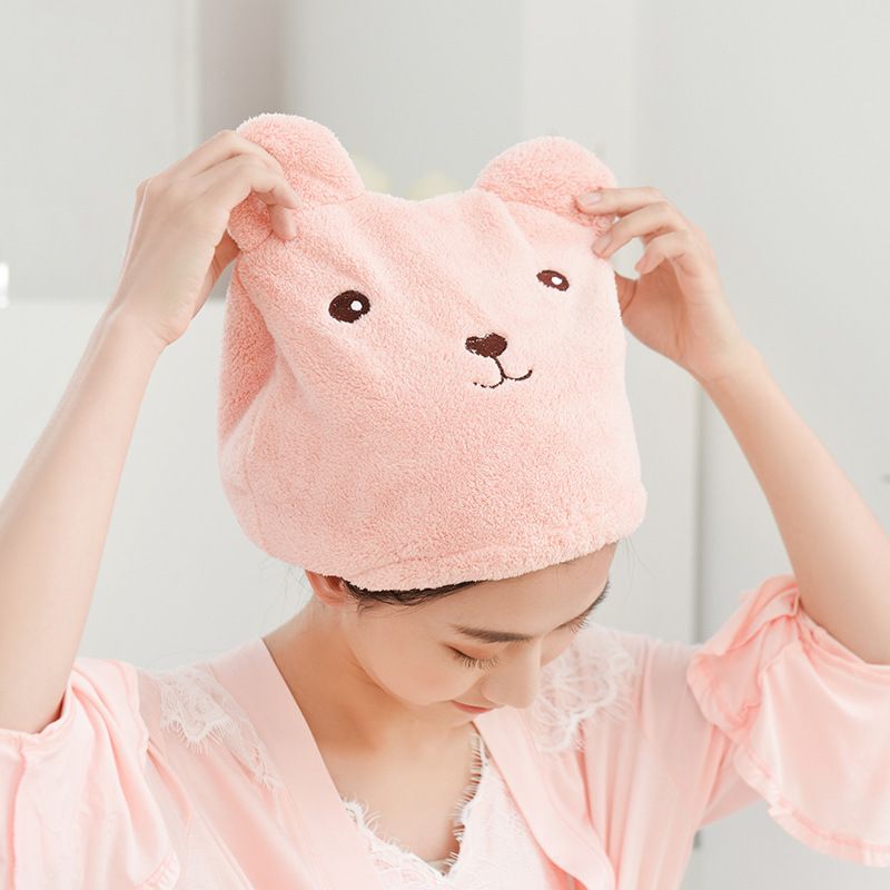 Soft Absorbent Dry Hair Cap, Cute Cartoon Bear Super Soft Microfiber Children Adult Quick Drying Towel Head Wrap (Pink)