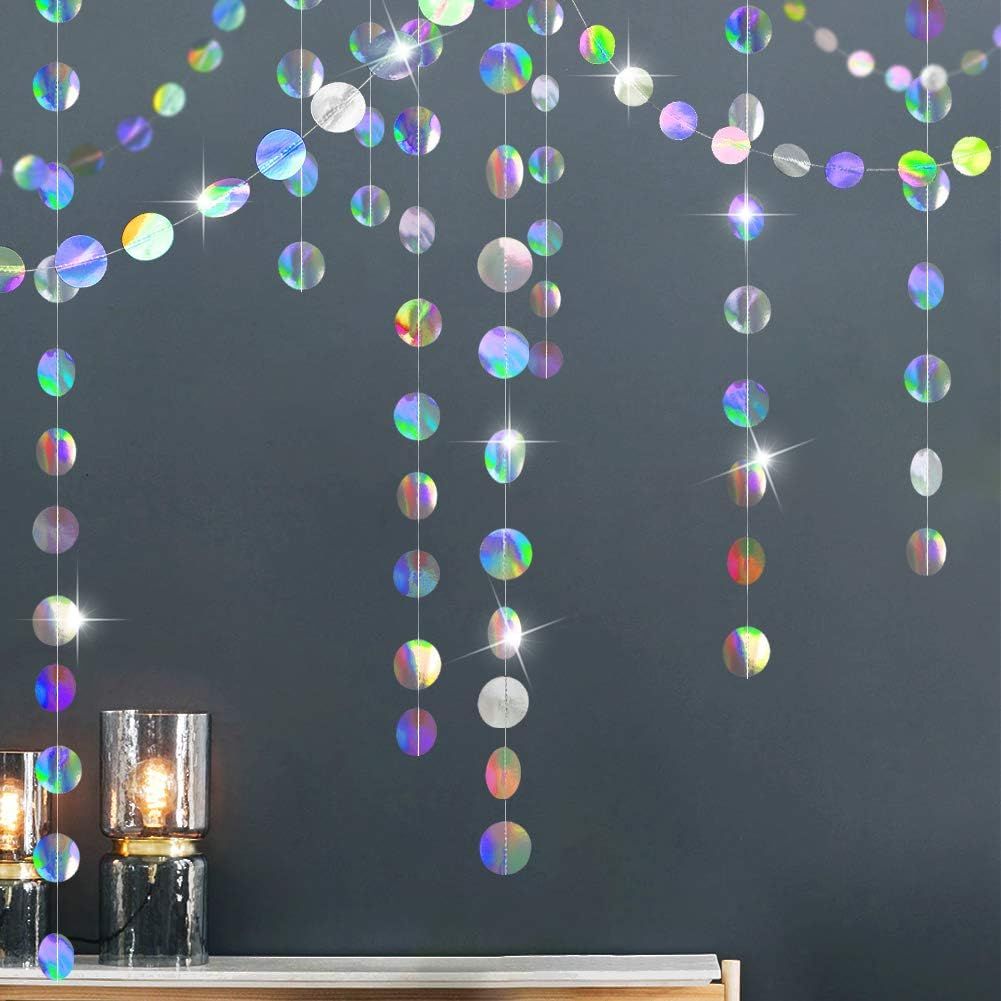 4-Pack Iridescent Circle Garlands, Holographic Party Decorations for Birthday, Wedding, Disco Theme, Graduation, New Year's Eve, Bachelorette Party Supplies