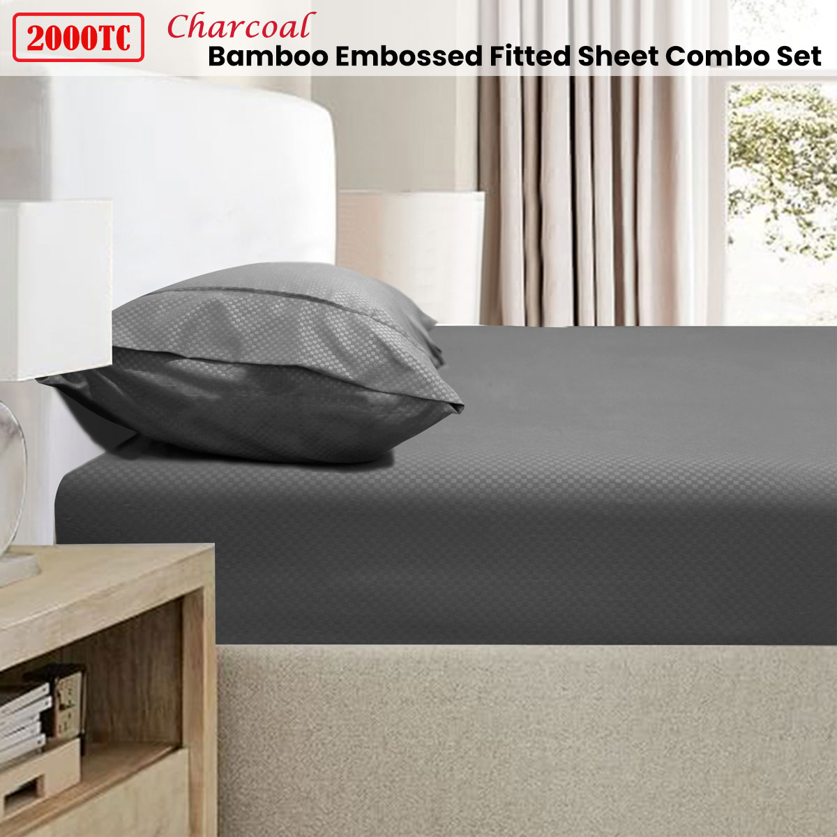 Ramesses 2000TC Bamboo Embossed Fitted Sheet Combo Set Charcoal King — image 2