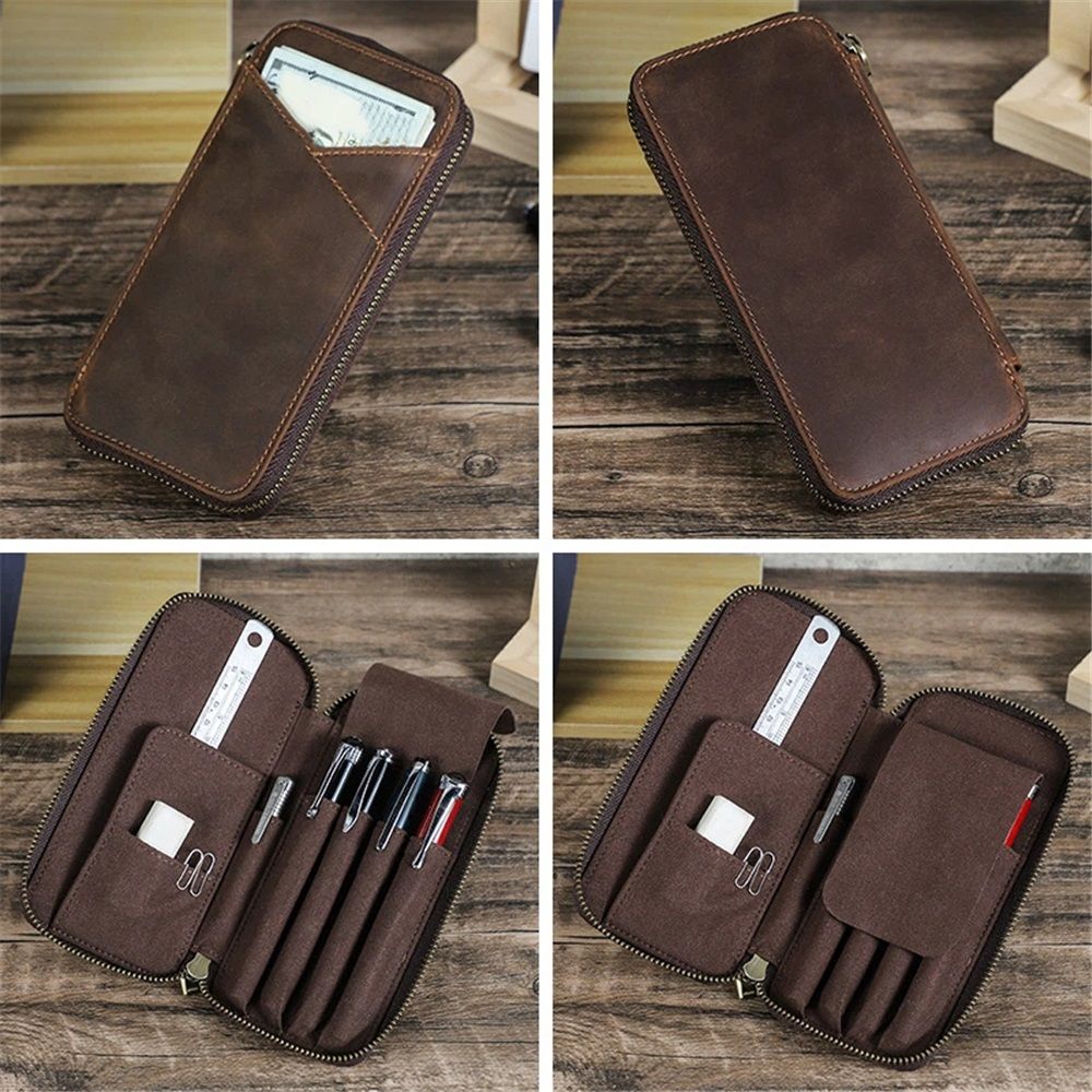 Top Grain Genuine Leather 4 Fountain Pen/Pencil Case Pouch, Handmade Minimalist Design, Zipper Closure with Multi-Function & Slots, Gift Choice for — image 5
