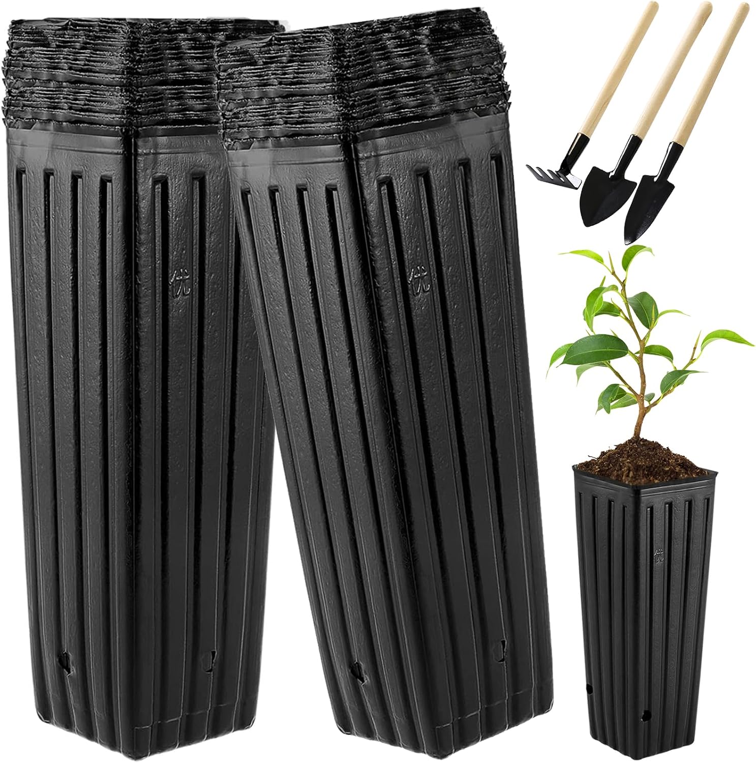 50 Pcs 12" Tall Tree Pots Plastic Deep Nursery Pots Tall Nursery Tree Pots Plant Deep Seedling Pots, Flower Plant Container Pots with 3 Pcs Garden Tools for
