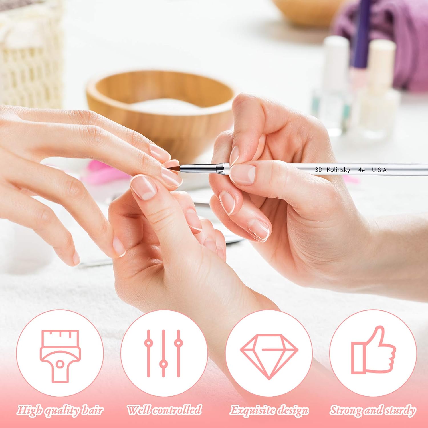 3 Pcs Kolinsky 3D Nail Art Brush Set Size 2/4/5 Acrylic Nail Art Brush with Silver Metal Nonslip Grip Handle Polish Cleaning Manicure Tools for Women Acrylic — image 5