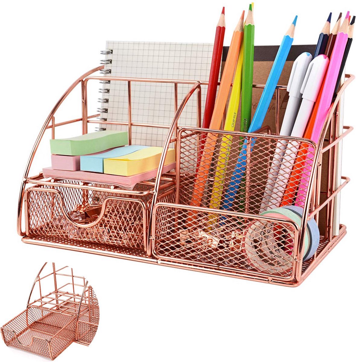 Pen Tray - 5 Compartments and Drawer - Desk Organizer - Rose Gold - Pen Holder - Desk Organizer - Durable - Non-Fading - Metal - Pen Trays - Mesh - Fashion