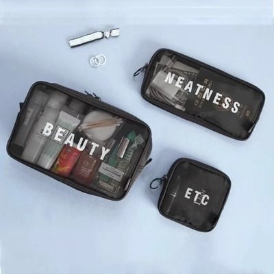 Korean Mesh Makeup Bag 3-Pack Set - Transparent Travel Toiletry Organizer Kit with Small Medium Large Sizes - Cosmetic Storage Bags