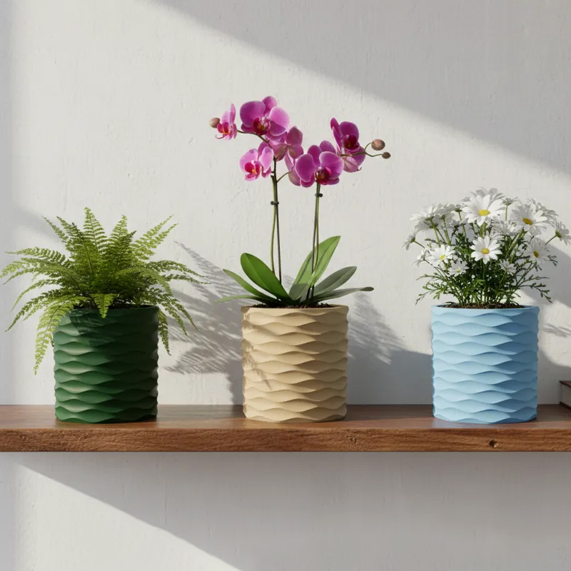 3D Printed Modern Wave Flower Pot - Water-Storing Rotating Base, Flesh Color, Single Piece — image 2