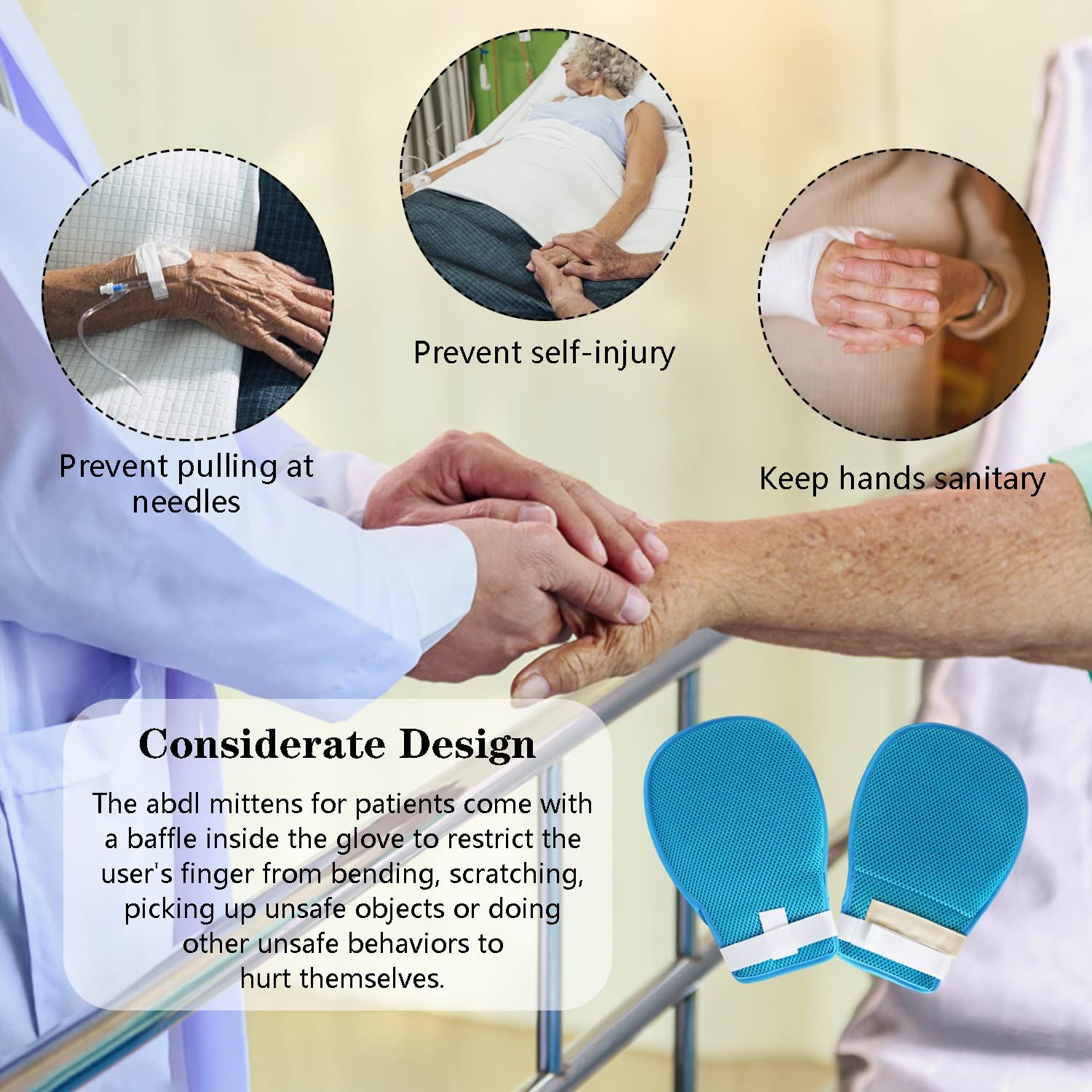2 Pcs Dementia Hand Restraint Gloves, Breathable Safety Anti Scratch Mitts for Elderly Patients Blue double-sided constraint gloves — image 3