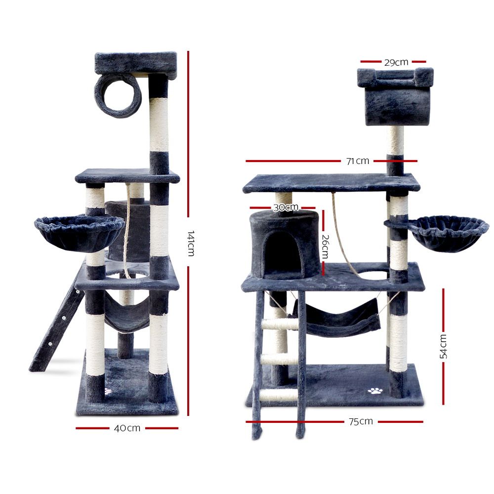 i.Pet Cat Tree 141cm Tower Scratching Post Scratcher Condo Wood House Bed Grey โ image 2