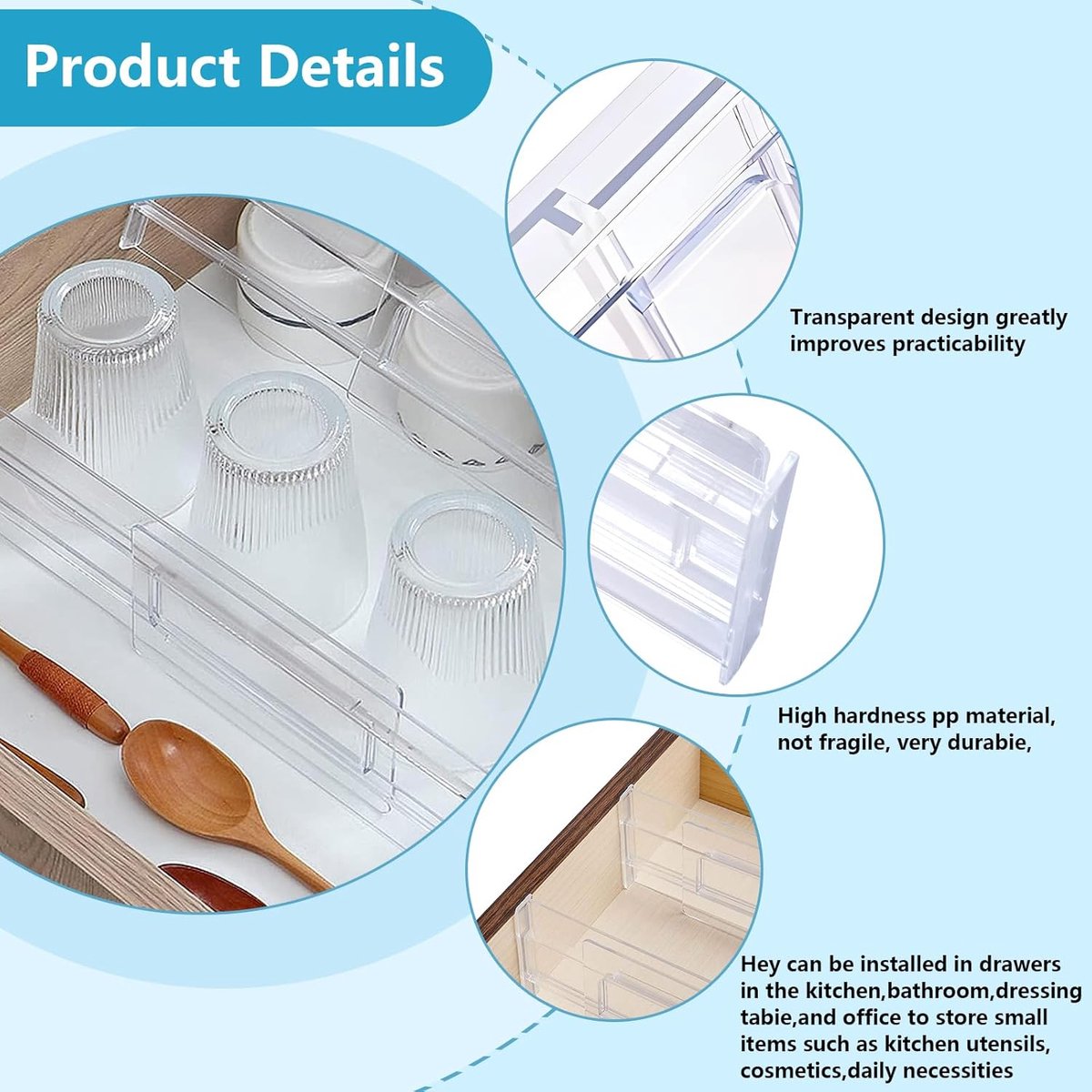 Drawer Divider - 8 Pieces - Drawer Organizer - Cutlery Organizer - Storage System - Drawer Trays - For Kitchen/Bedroom/Office/Clothing - Easy to Install — image 3