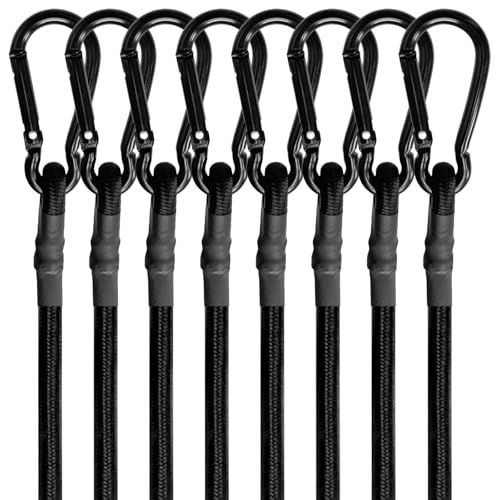 8 Pcs 48in Bungee Cords with Carabiner Hooks Heavy Duty, Outdoor Black Bungee Straps, Strong Industrial Grade Elastic Bungee Rope for Securing Tarps, Luggage
