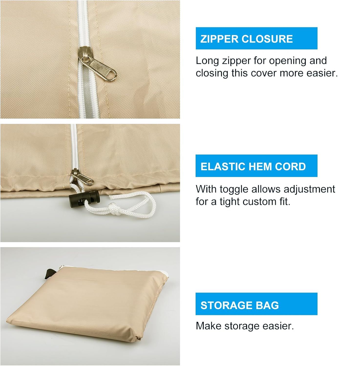 Waterproof 600D Parasol Cover with Zipper, Drawstring and Storage Pouch for Cantilever and Standing Parasols, Khaki, 190 × 50 × 30 cm — image 3