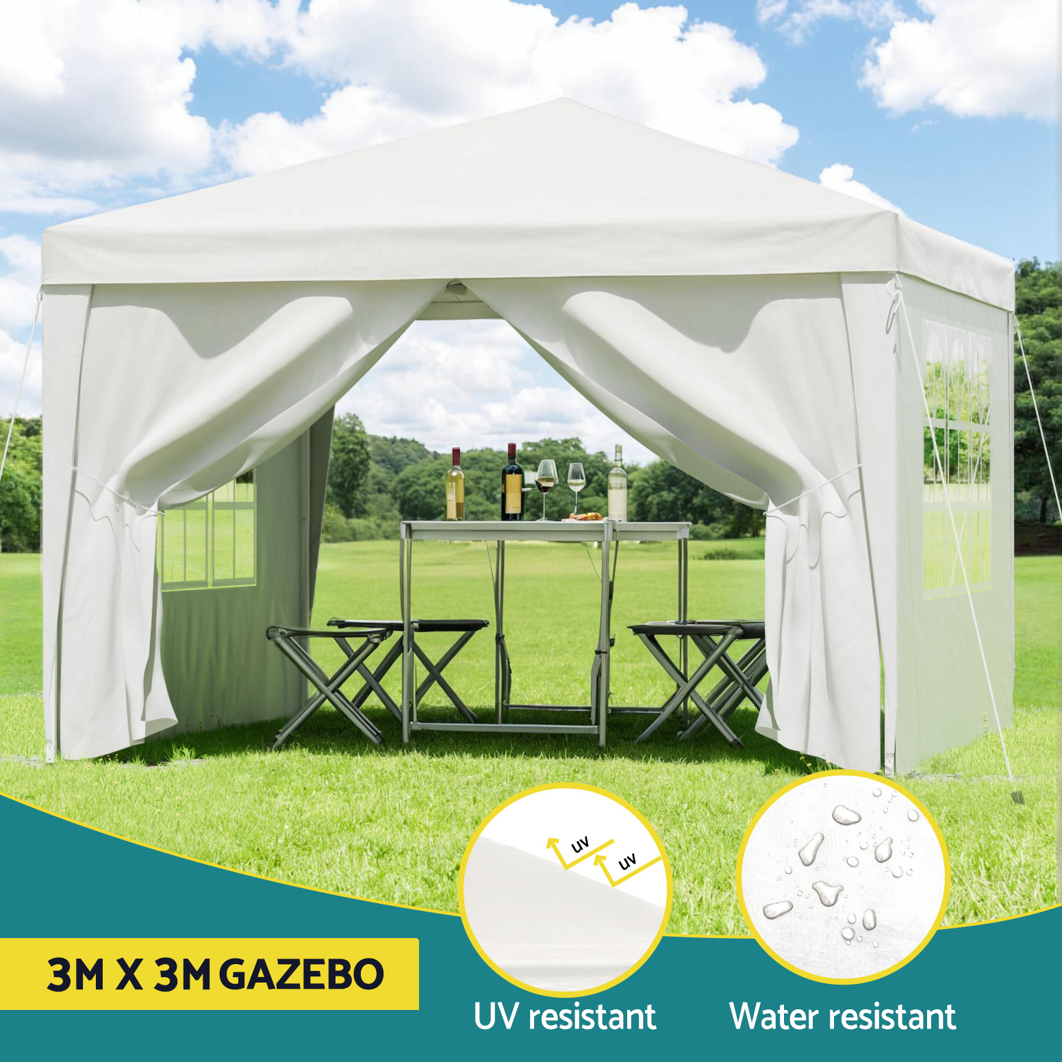 Instahut Gazebo 3x3 Pop Up Marquee Folding Tent Wedding Gazebos Camping Outdoor Canopy White — image 4