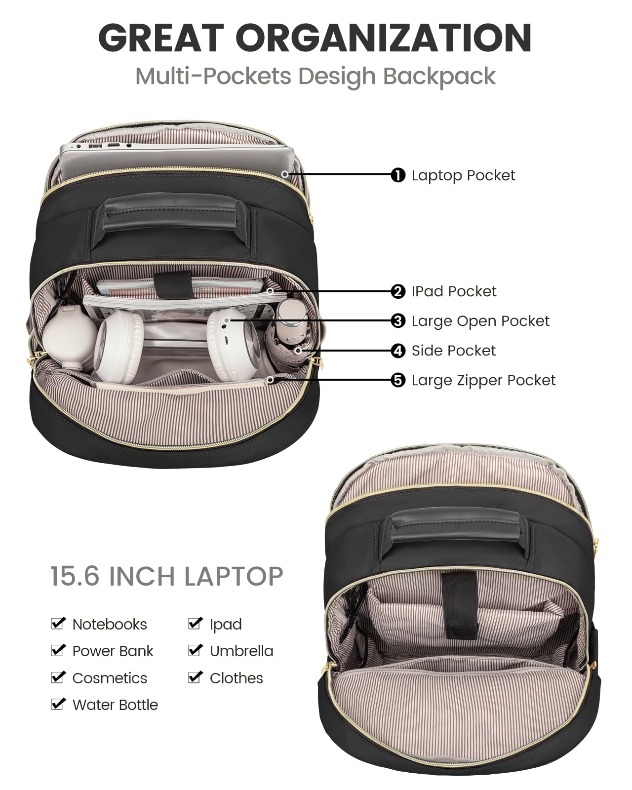 Stylish Laptop Backpack for Women – Large Capacity 27L Computer Bag with 15.6 Inch Compartment, USB Charging Port & 16 Pockets – Ideal for College, Work & — image 3