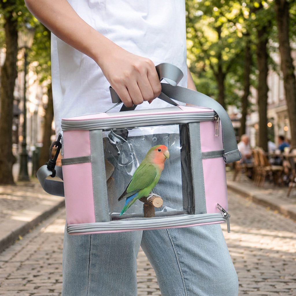 Large Small Animal Travel Bag (33*22.5*23cm) - Pink small nylon and plastic portable pet bag with shoulder strap and handle, suitable for parrots, hamsters โ image 2