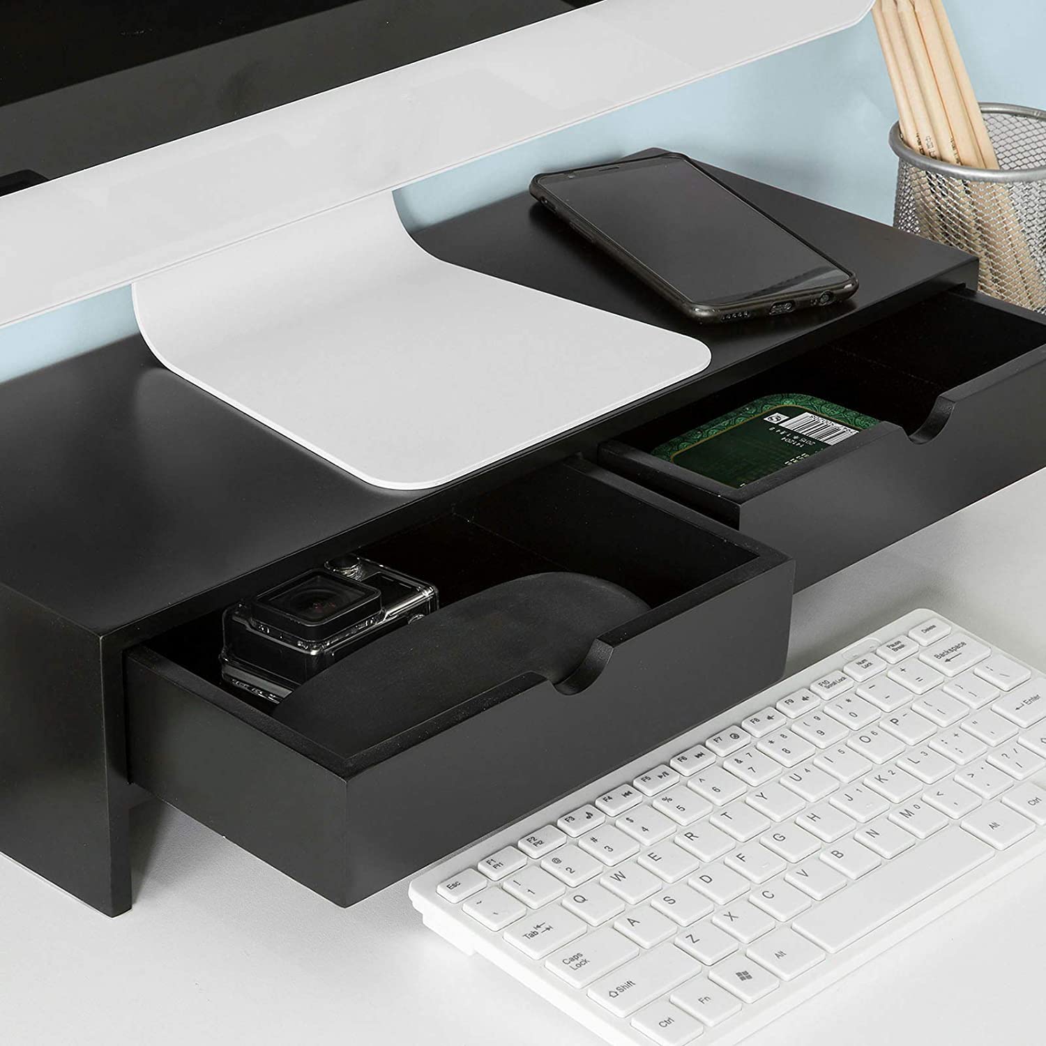 Black Monitor Stand Desk Organizer with 2 Drawers — image 6