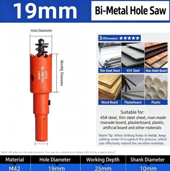 19mm Bi-Metal M42 High Speed Steel Hole Saw | with Pilot Drill Bit, Smooth Cutting Edge for PVC, Drywall, Wood, Plastic, Gypsum Board, Rubber, Thin