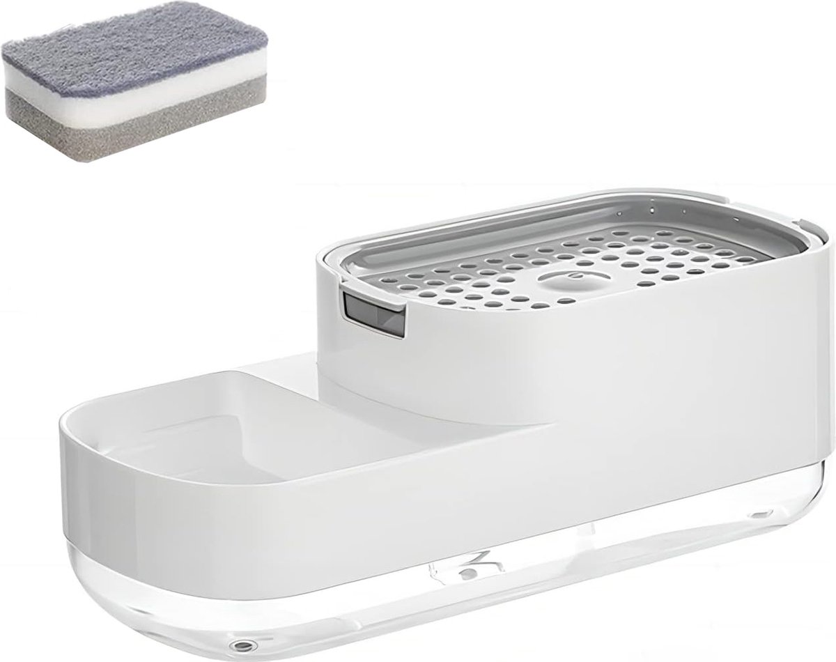 Soap Pump - 2 In 1 - Sponge Holder - Soap Dispenser - Drying Rack - Includes Sponge - ABS - Countertop - Push-Type - Kitchen Accessory - Sink
