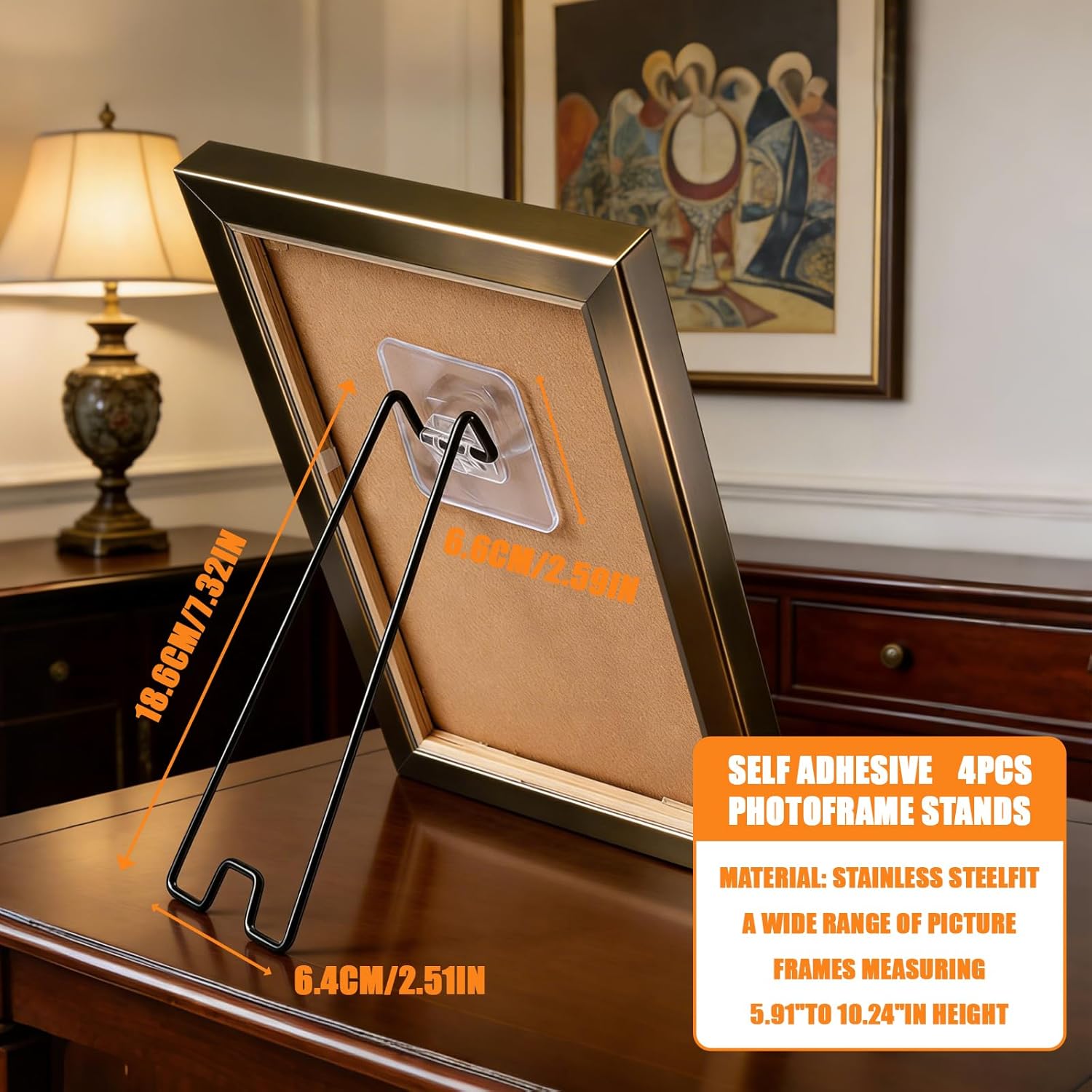 4Pcs Picture Frame Stand - Black Metal Table top easel -Heavy Duty Picture Holder Stand with Self-Adhesive for 5.9 to 10.2 inch Picture Frame Easel 5.12“ x