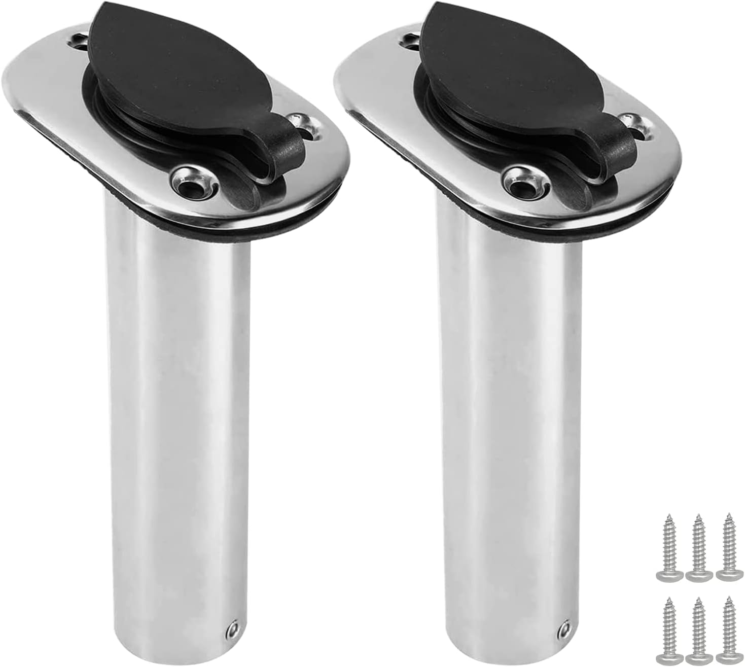 2PCS Boat Stainless Steel Polished Fishing Rod Holder Flush Mount 15/30/90 Degree Casting Flange with Rubber Cap, Liner, Gasket PVC Cap and Inner Tube for