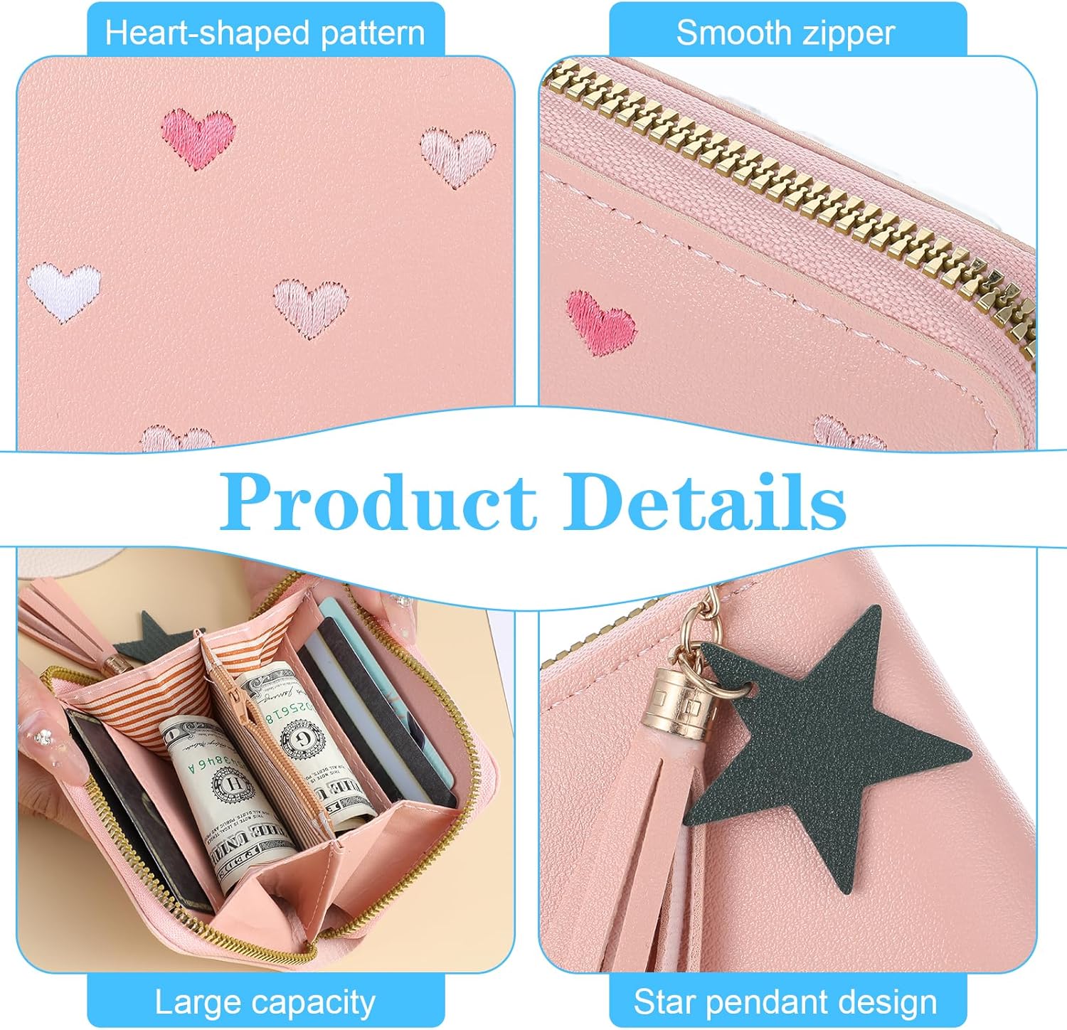 2 PCS Wallets for Girls, Small PU Leather Girls Wallets for Kids 6-8 with Zipper and Card Slots, Cute Credit Card Holder with Heart-embroidery Star Tassels — image 2