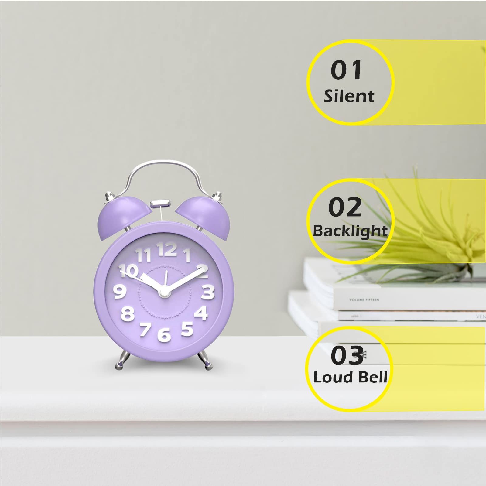 Loud Alarm Clock for Heavy Sleepers Bedrooms, Analog Alarm Clock, Small Alarm Clock, Retro Design for Kids, 3 inch, Purple — image 3