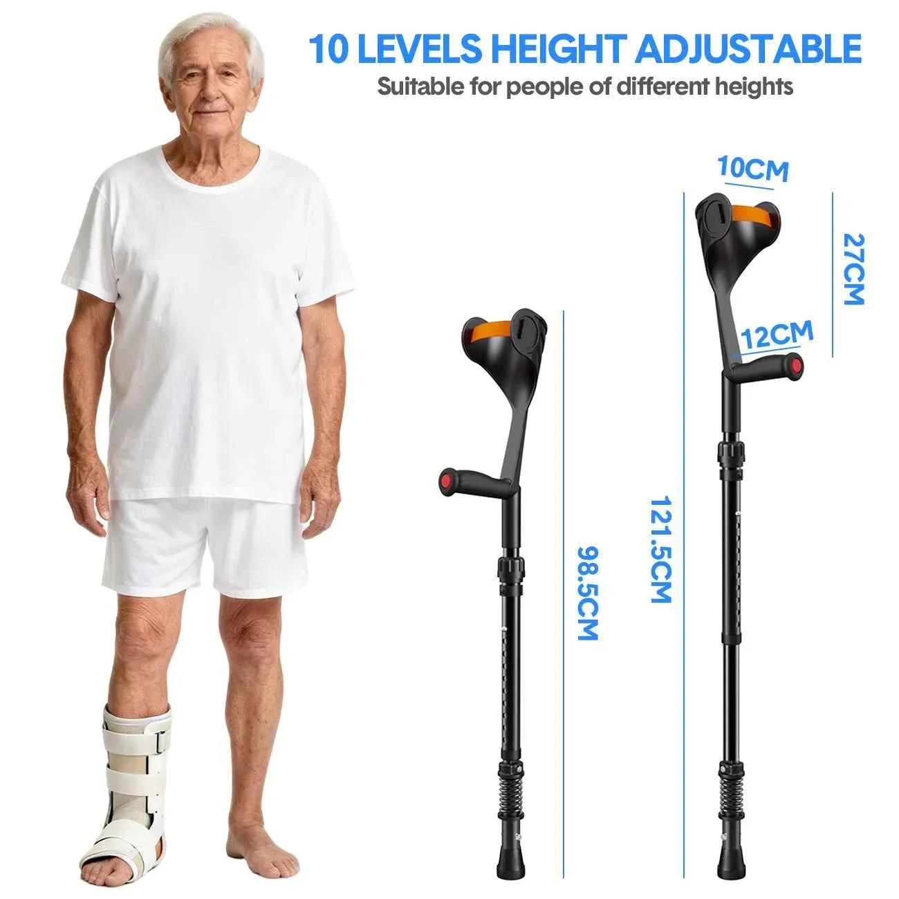 Pair of Adjustable Forearm Crutches for Adults, Lightweight Portable Walking Crutches with Spring Cushioning Design, Black — image 3