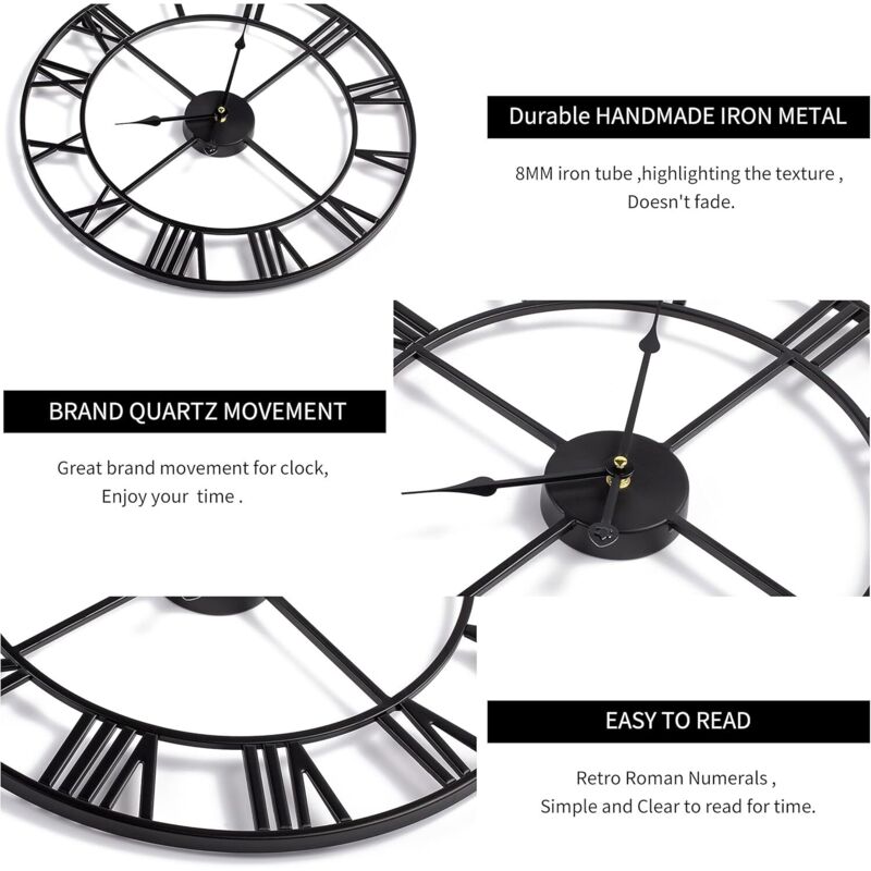 Large ROund Metal Wall Clock Vintage Style Silent Non Ticking Battery Operated 40Cm Black ROman Numeral Clocks For — image 3