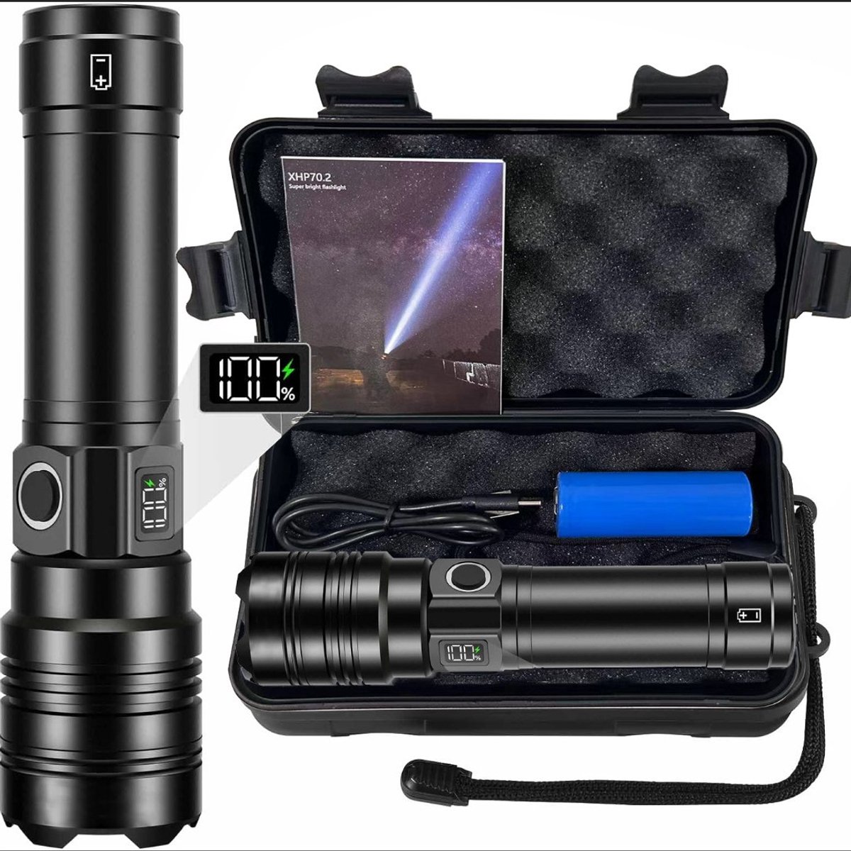 Rechargeable 50,000 lumen flashlight, long range, ultra-bright USB-C LED, long battery life, 5 modes, powerful zoomable flashlights, for emergencies, hiking