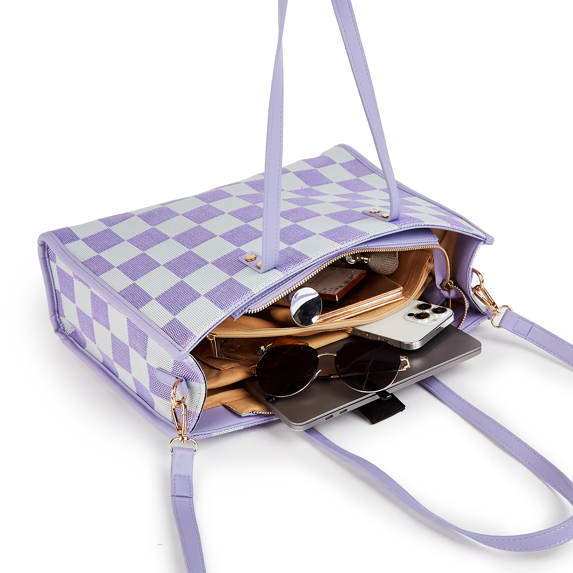 "Taro Mud Chessboard" light purple tote bag | two-in-one handbag and cross-body bag, can hold a computer + documents + girly heart, gentle to the point of — image 6