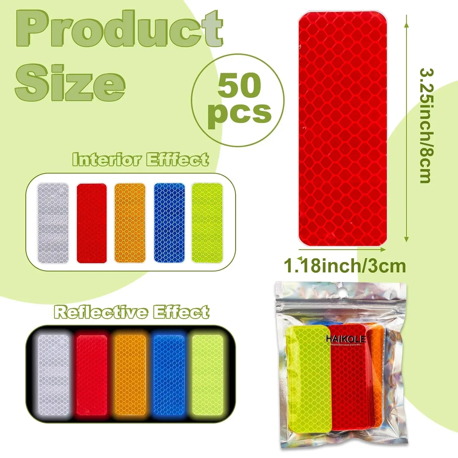 50 Pcs Reflective Safety Stickers, Waterproof PET Warning Decals for Cars Bikes, 5 Colors — image 2