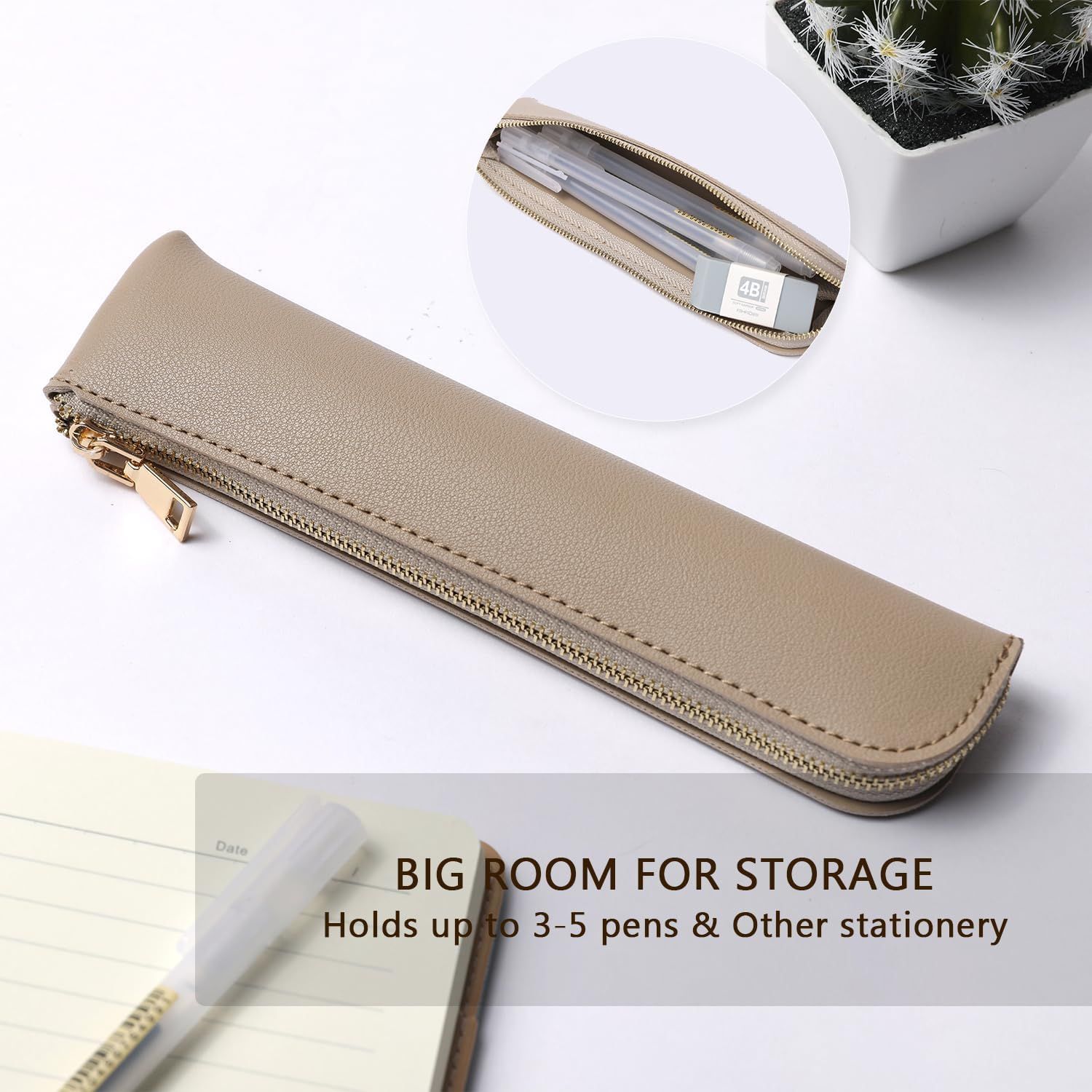 Faux Leather Pencil Case Cute Thin Slim Pouch Simple and Stylish Lightweight Leather pencil case(light khaki) โ image 2