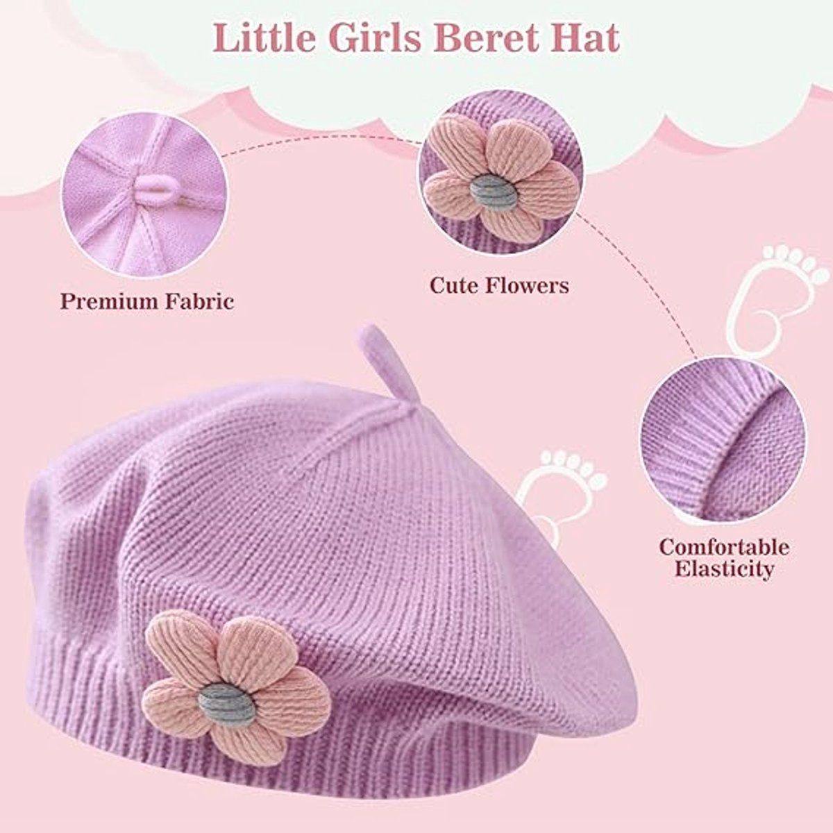 Girls' beret winter warm hat toddler French knitted hat baby cute floral beret, Travel and Daily Winter Wear, Purple — image 3