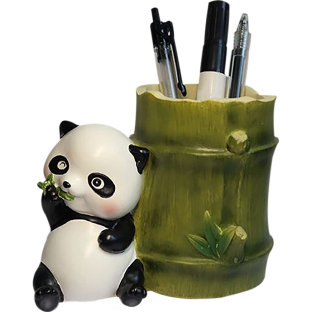 Cute Resin Pen Holder with Panda Sculpture Bamboo Shaped Pen Stand Pencil Organizer Pen Container Pencil Cup Home Desktop Pen