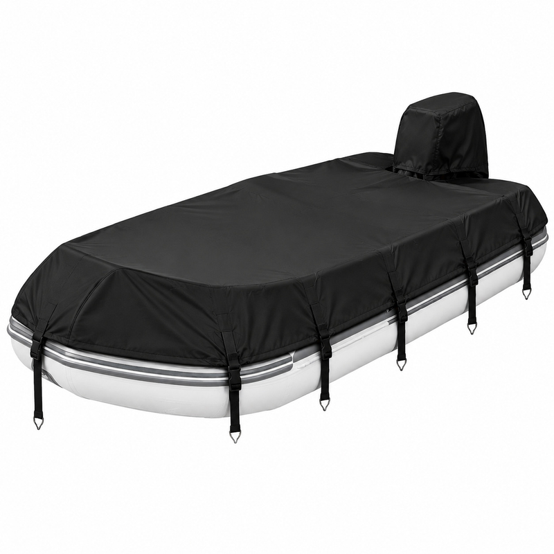 Trailerable 600D Oxford Pontoon Boat Cover, Comes with Separate Universal Outboard Motor Hood, Waterproof UV‑Resistant Boat Cover for Outdoor Storage & Mooring