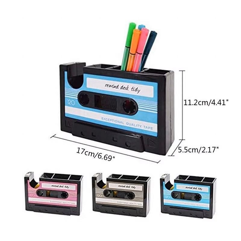 Retro Cassette Tape Style Pen Holder with Tape Dispenser Desktop Organizer - Blue — image 4