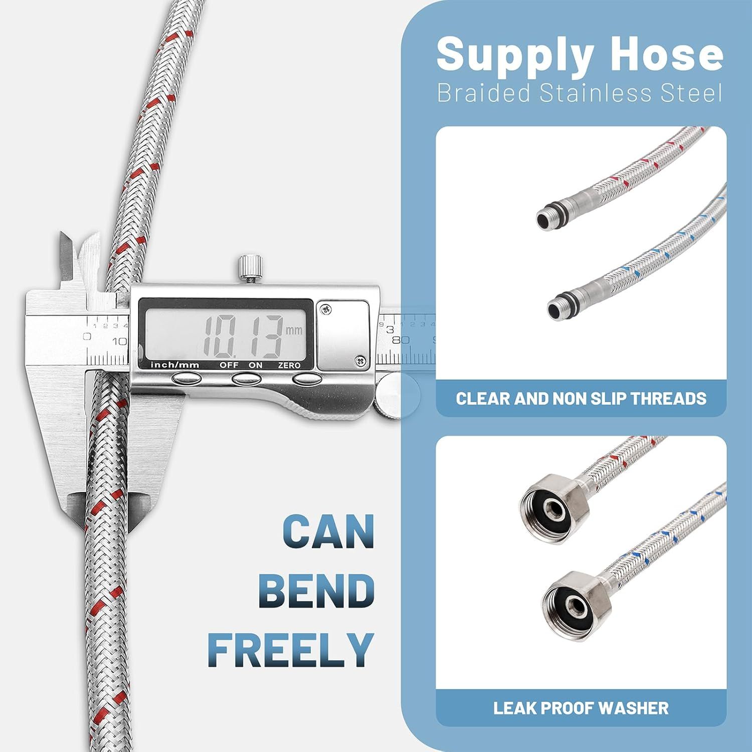 Bathroom Kitchen Faucet Connector Hoses, Braided Stainless Steel Supply Lines, 3/8 Inch Female x M10 Male, 32 Inch, 2 Pack — image 3