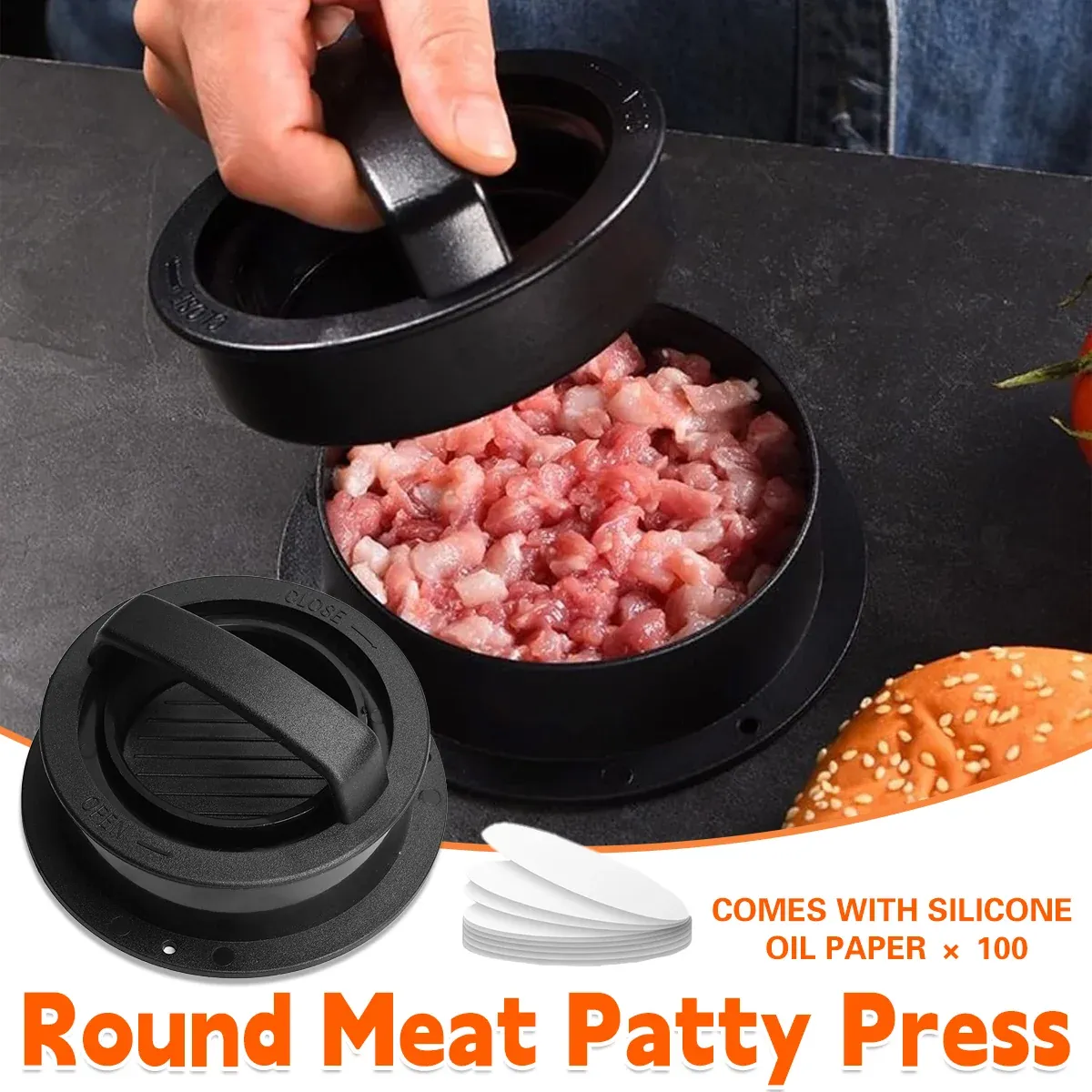 Manual Hamburger Press Round Meat Patty Mould BBQ with 100 Wax Discs