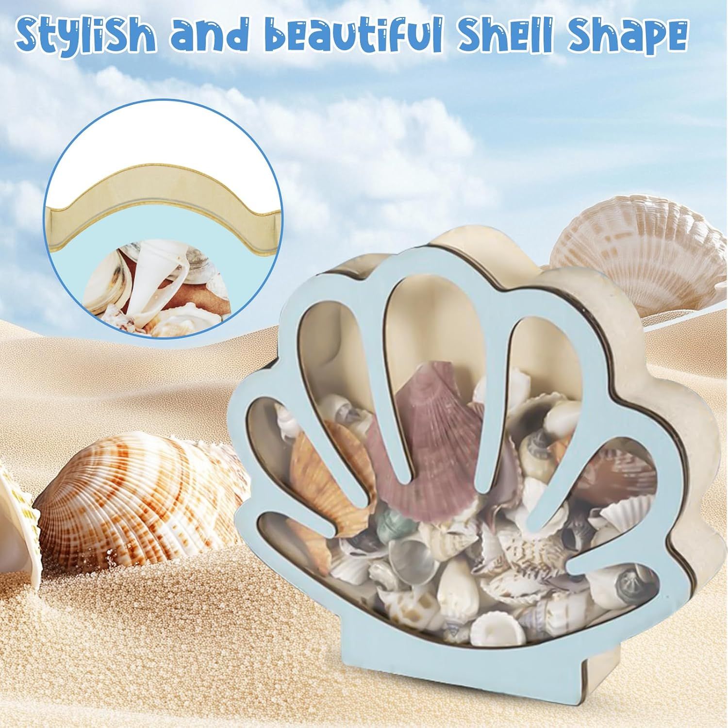 Wooden Seashell Display Box, Blue Coastal Storage and Decorative Organiser for Shell Collections, Home Decor, Bedrooms and Gift Giving — image 3