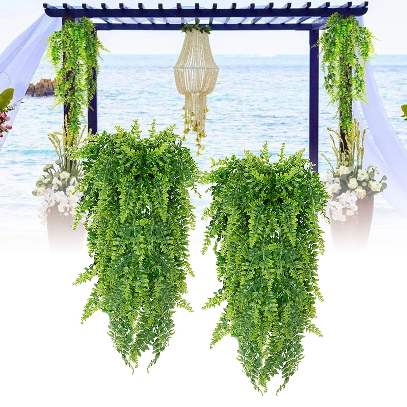 2pcs Artificial Hanging Plants Fern Plastic Green Fake Wall Hanging Ferns Plants for Garden Wedding Decoration — image 5