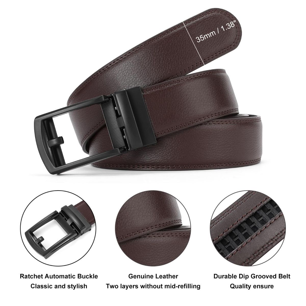 Ratchet Belt for Men Genuine Leather - Micro-Adjust Buckle Trim to Fit Dress Belt Casual to Formal Gift Boxed - Basic Black - Brown - Size 34"-40" Waist — image 6