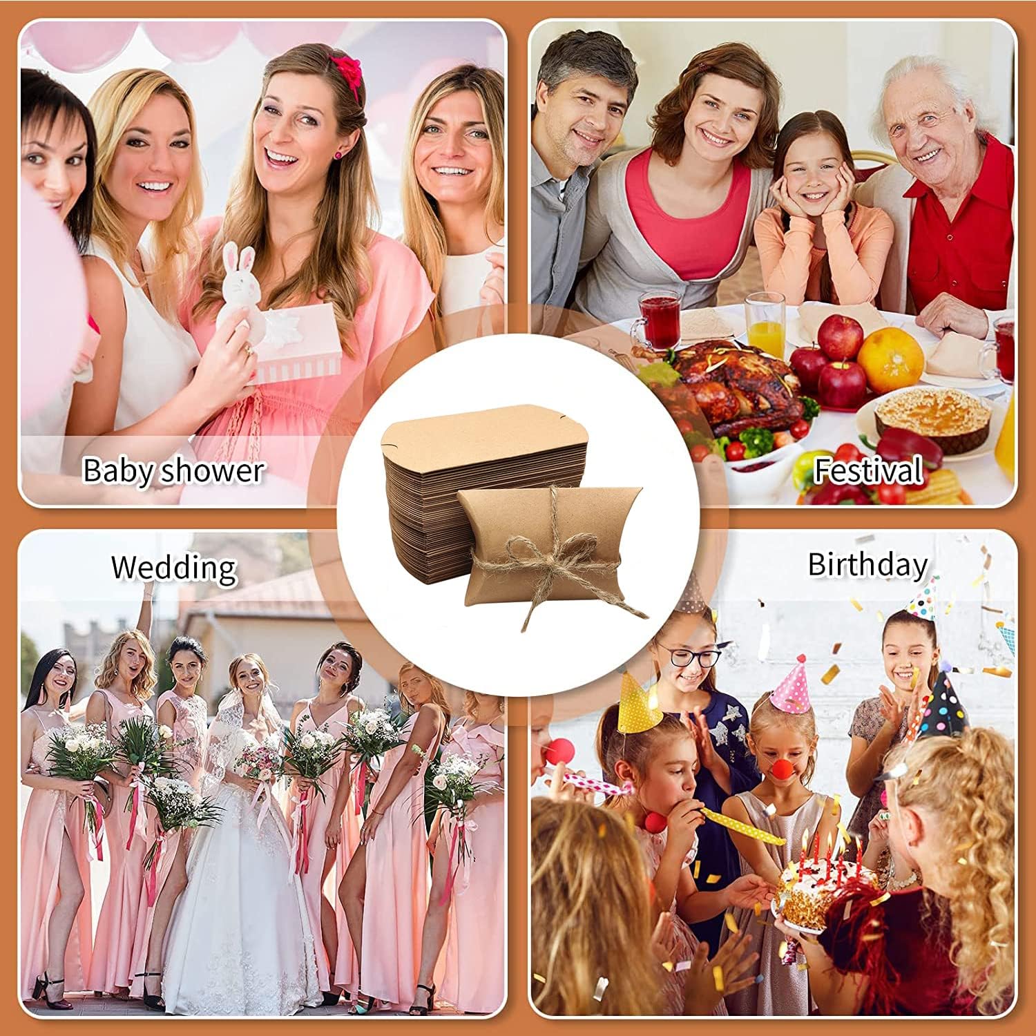 BallHull Kraft Paper Pillow Candy Box, Foldable Gift Box with Jute Rope for Weddings, Parties, Birthdays, Holidays, 60 Pcs β image 6