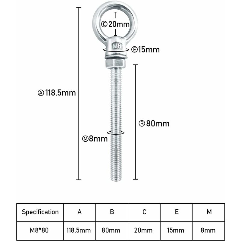 Eye Bolts M8 X 80Mm Stainless Steel Metric Thread M8 Eye Bolts For Fixing And Hanging, 6 pcs โ image 2