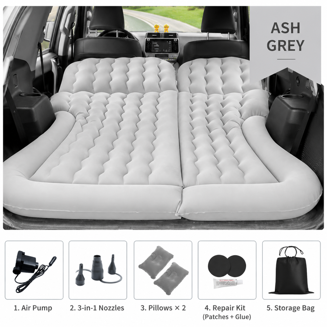 Grey Large Inflatable Universal Car Air Mattress with 2 Pillows, Pump and Storage Bag - Dual Zone Split Bed Soft Flocked Camping Travel Bed Integrated Head /