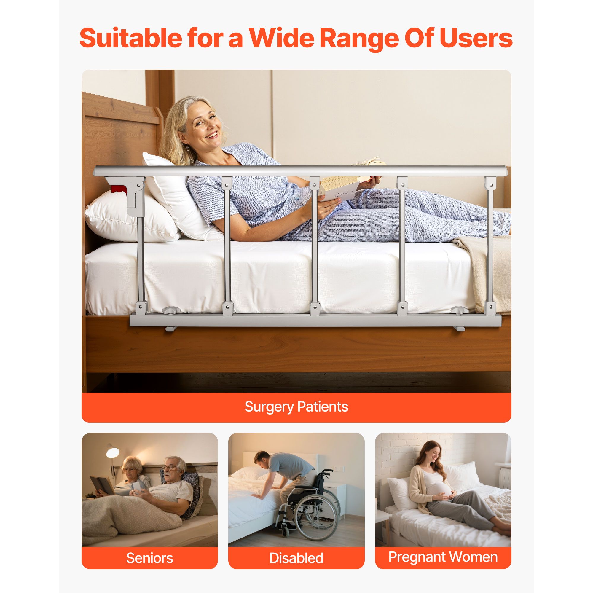 Foldable Bed Rail for Elderly, 122 cm Bedside Assist Rail with Fixing Strap, Adjustable Height Pipe Bedside Cane, High-Strength Metal Senior Bed Bar, Hand — image 6