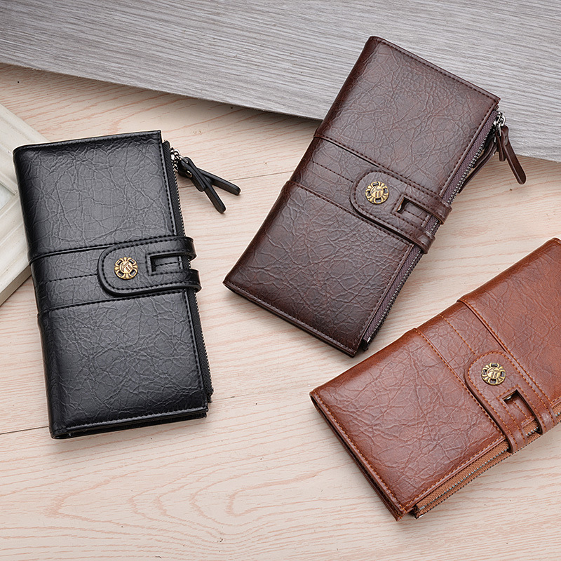 Black Men's Vintage PU Leather Long Wallet - High Capacity Dual Zipper Clutch with Phone & Card Slots — image 2