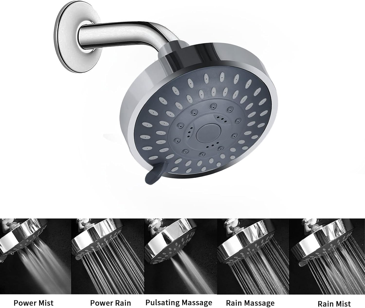 Shower Head, High Pressure Shower Heads 4.1 Inch 5 Settings Rain High Flow Fixed Showerhead for Luxury Shower Experience Even at Low Water Pressure, Chrome — image 3