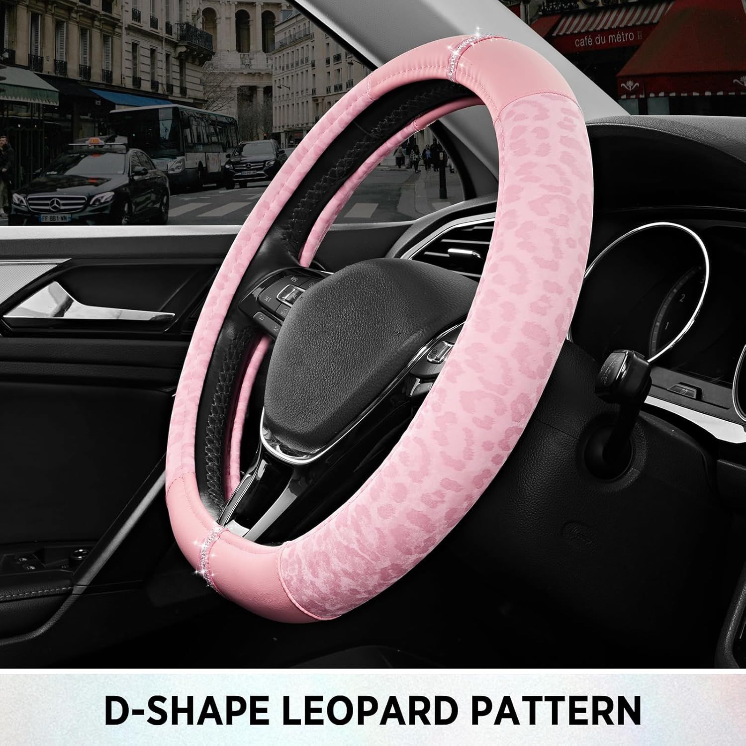 Leopard Steering Wheel Cover for Women, Cute Anti-Slip Microfiber Leather, Fits D Shape Flat Bottom Steering Wheel 14.5-15 Inch - Pink and Pink Leapoard โ image 6