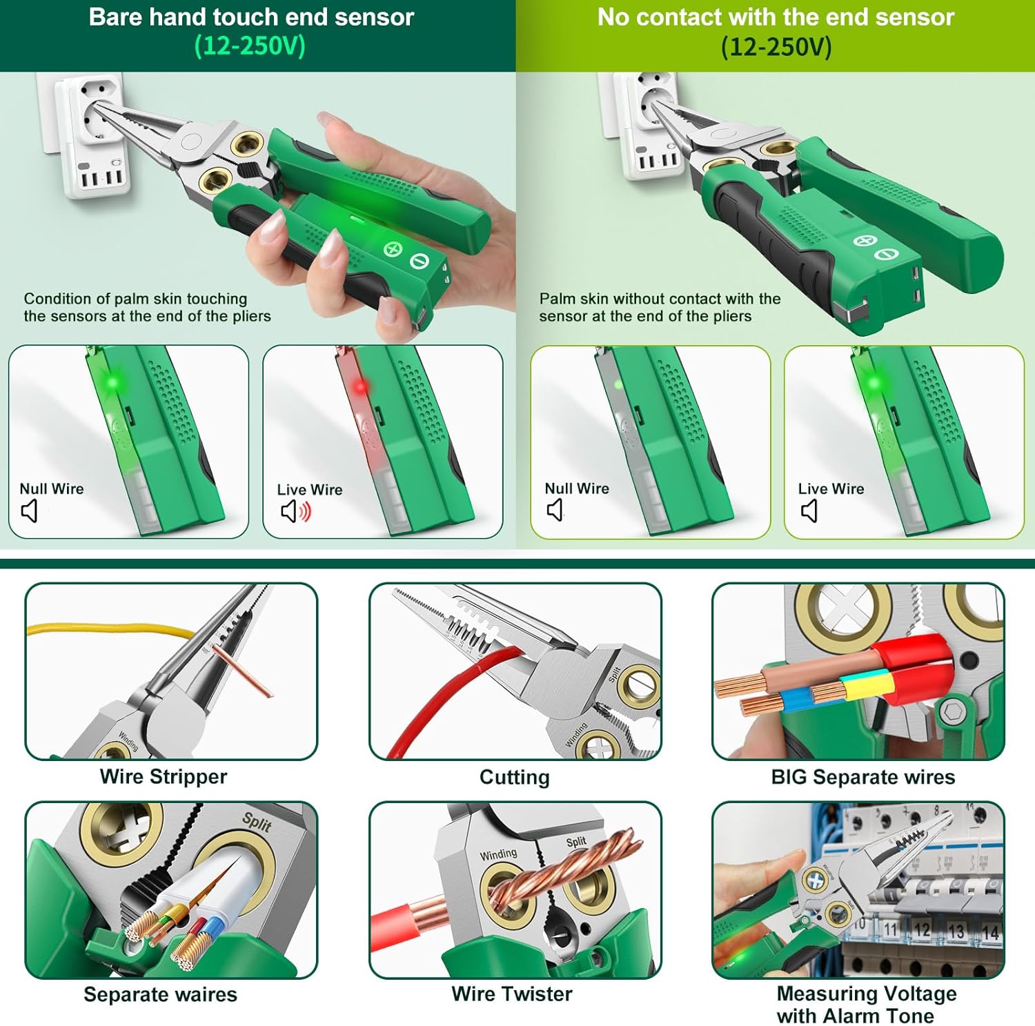 Pro 8-in-1 Wire Stripper/Cutter with Voltage Tester & Dual Alarms - Heavy Duty 12-250V AC/DC Electrical Tester for Hot/Neutral Wires - Electrician, HVAC, Car — image 6