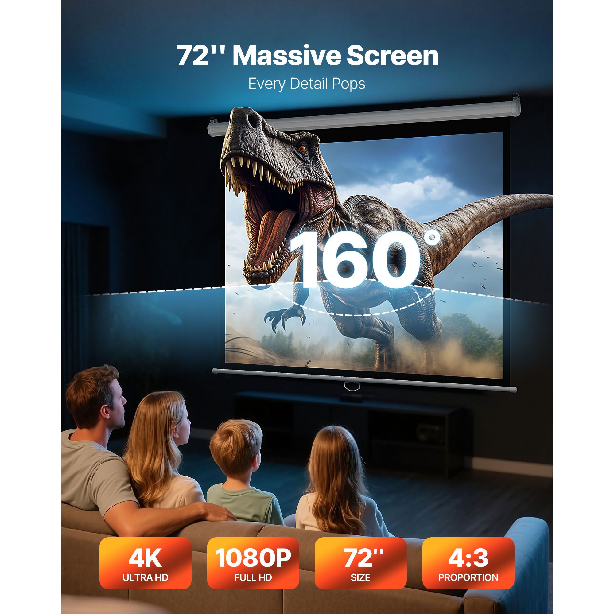 Manual Projector Screen, 1829 mm 4:3 4K 1080 HD Retractable Pull Down Projector Screen, Wall Mounted Movie Projection with Pull Rope, Portable โ image 2
